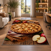 Apple pie rug in a living room with a desk and large windows