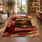 Vintage red oven rug in a living room with a desk and large windows
