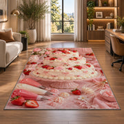 Strawberry tiered cake rug in a living room with a desk and large windows