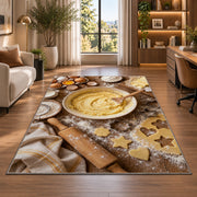 Baking flat lay rug in a living room with a desk and large windows