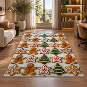 Christmas cookie grid rug in a living room with a desk and large windows