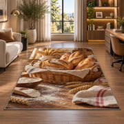 Fresh bread basket rug in a living room with a desk and large windows