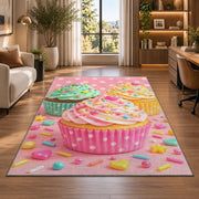 Cute pastel cupcakes rug in a living room with a desk and large windows
