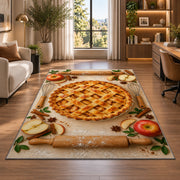 Apple pie with rolling pins rug in a living room with a desk and large windows