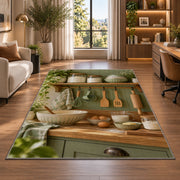 Sage farmhouse baking shelf rug in a living room with a desk and large windows