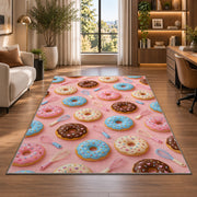Donut pattern rug in a living room with a desk and large windows
