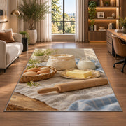 Eggs flour and butter rug in a living room with a desk and large windows