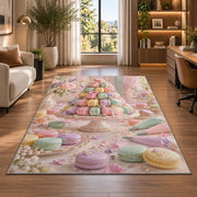 Pastel macaron tower rug in a living room with a desk and large windows
