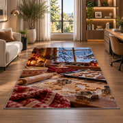 Winter baking window rug in a living room with a desk and large windows