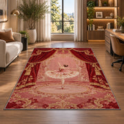 Ballerina on stage rug in a living room with a desk and large windows