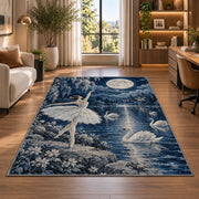 Swan lake ballerina rug in a living room with a desk and large windows