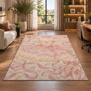 Pink tutu on hanger rug in a living room with a desk and large windows