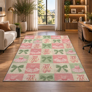 Ballet checkered rug in a living room with a desk and large windows