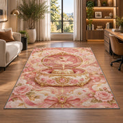 Ballerina music box rug in a living room with a desk and large windows