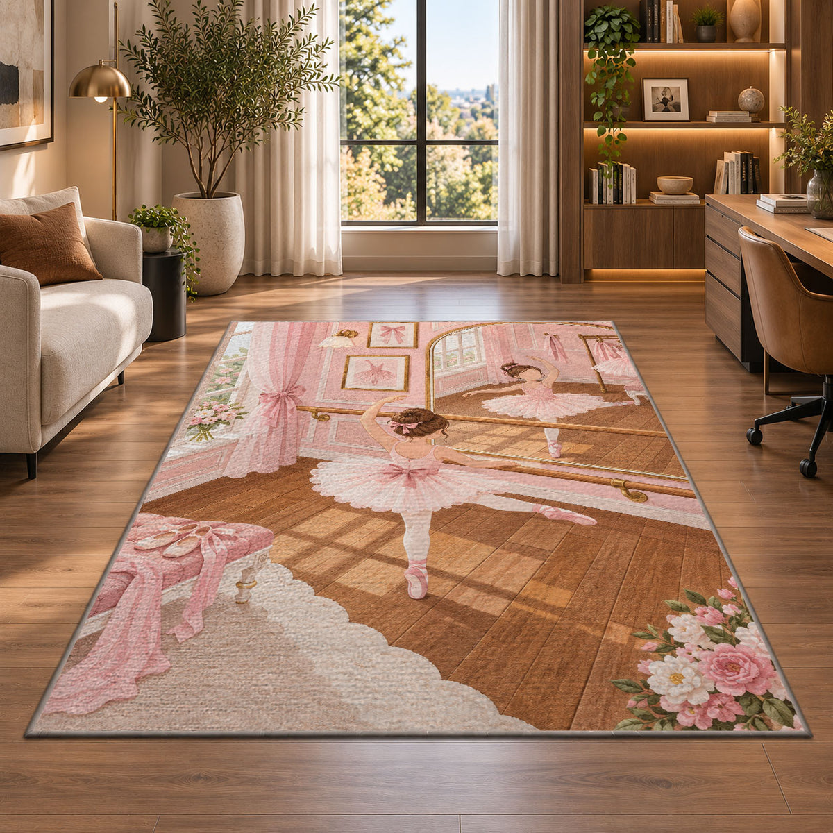 Ballet studio rug in a living room with a desk and large windows