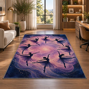 Ballerina silhouettes rug in a living room with a desk and large windows