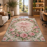 Rose wreath ballet rug in a living room with a desk and large windows