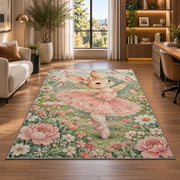 Bunny ballerina rug in a living room with a desk and large windows