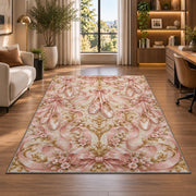 Pointe shoes ribbon damask rug in a living room with a desk and large windows