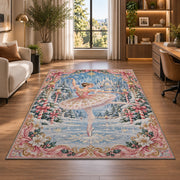 Winter ballerina rug in a living room with a desk and large windows