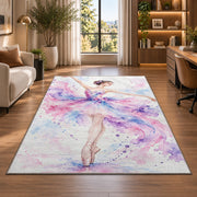 Watercolor ballerina rug in a living room with a desk and large windows