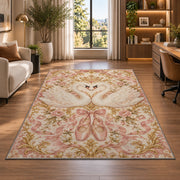 Swan heart rug in a living room with a desk and large windows