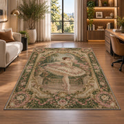Vintage ballerina tapestry rug in a living room with a desk and large windows