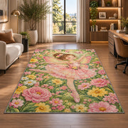 Butterfly fairy ballerina rug in a living room with a desk and large windows