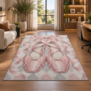Pointe shoes harlequin rug in a living room with a desk and large windows