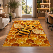 Honeybee Honeycomb Rug in a living room with a desk and large windows