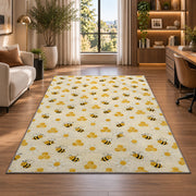 Tiny Bee Pattern Rug in a living room with a desk and large windows