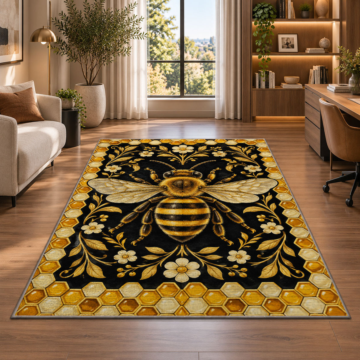 Golden Bee Honeycomb Border Rug in a living room with a desk and large windows