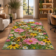 Bees in Wildflower Garden Rug in a living room with a desk and large windows