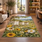 Vintage Bee Farm Rug in a living room with a desk and large windows