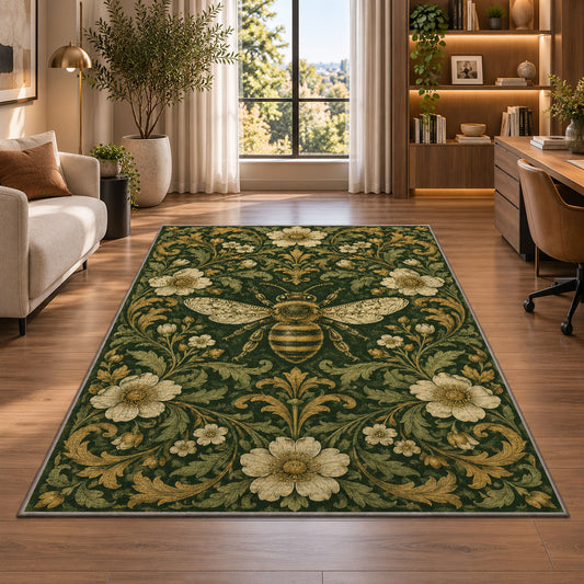 Vintage Engraved Bee Rug in a living room with a desk and large windows