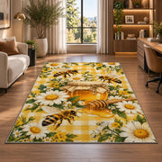 Gingham Honey Jar Bee Rug in a living room with a desk and large windows