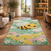 Cute Baby Bee Nursery Rug in a living room with a desk and large windows