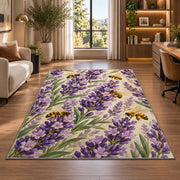 Lavender and Bees Rug in a living room with a desk and large windows