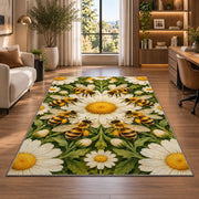 Bee Ring Daisy Medallion Rug in a living room with a desk and large windows