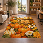 Autumn Beehive Pumpkin Rug in a living room with a desk and large windows