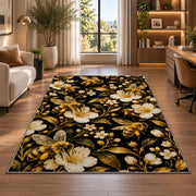 Golden Bees on Black Rug in a living room with a desk and large windows