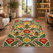 Scandinavian Folk Art Bee Rug in a living room with a desk and large windows