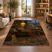 Rainy Day Reading Nook rug in a living room with a desk and large windows