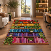 Rainbow Bookshelf rug in a living room with a desk and large windows