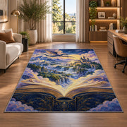 Fantasy World from a Book rug in a living room with a desk and large windows