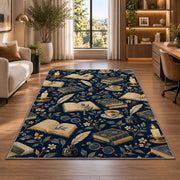 Book and Quill Pattern rug in a living room with a desk and large windows