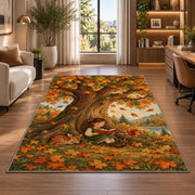Girl Reading Under Autumn Tree rug in a living room with a desk and large windows