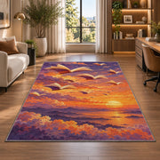Books Flying at Sunset rug in a living room with a desk and large windows