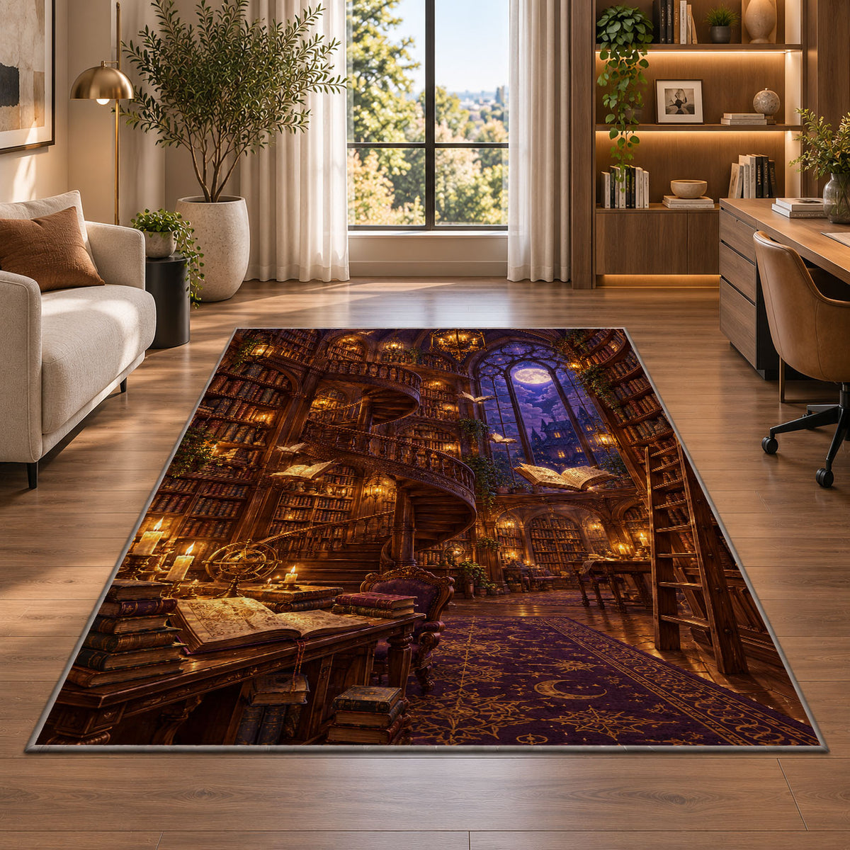 Magical Library rug in a living room with a desk and large windows