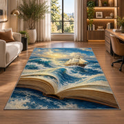 Book Pages Become the Sea rug in a living room with a desk and large windows